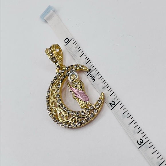 St. Jude Pendant with 18k Gold Necklace, White CZ Stones - Picture 4 of 6